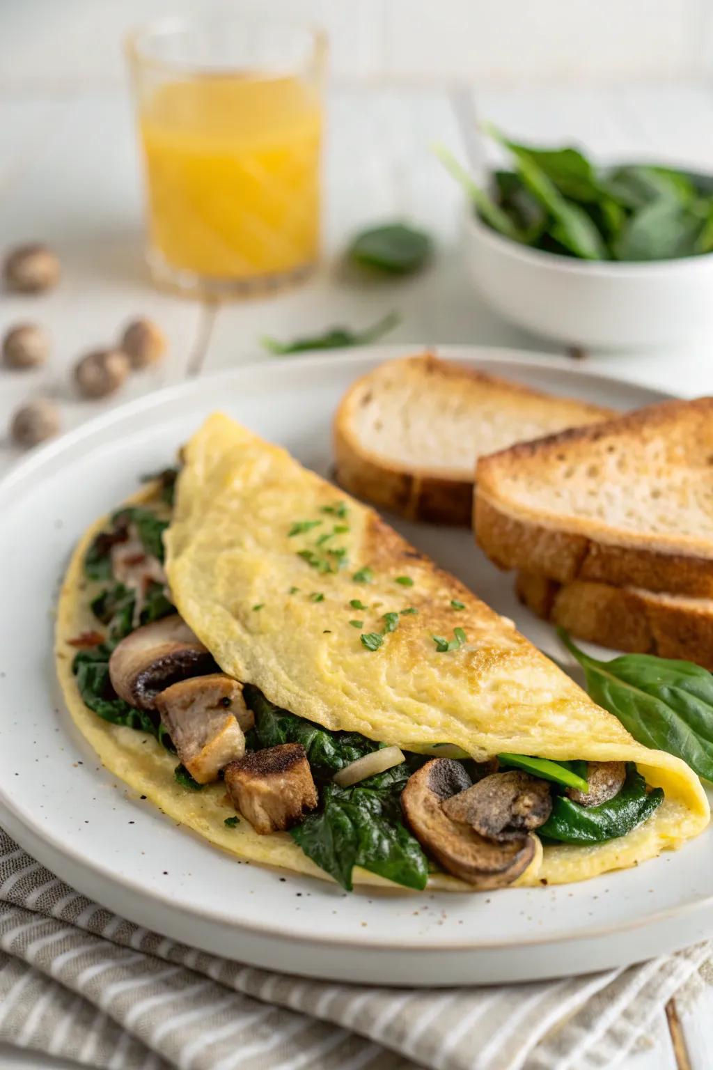 A classic omelet filled with fresh spinach and mushrooms offers a nutritious breakfast.