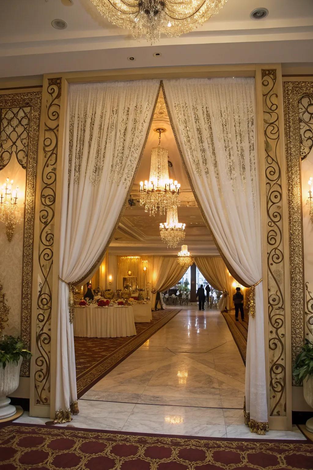 Flowing drapes fashion a grand entrance, establishing an elegant tone for the bridal shower.