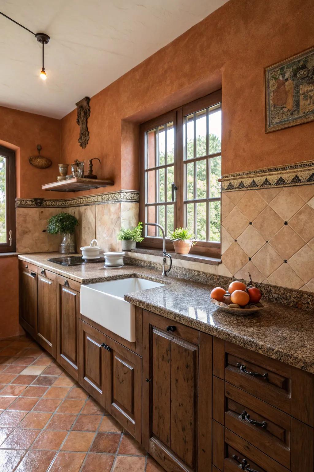 Terracotta walls evoke warmth and rustic charm with brown granite.