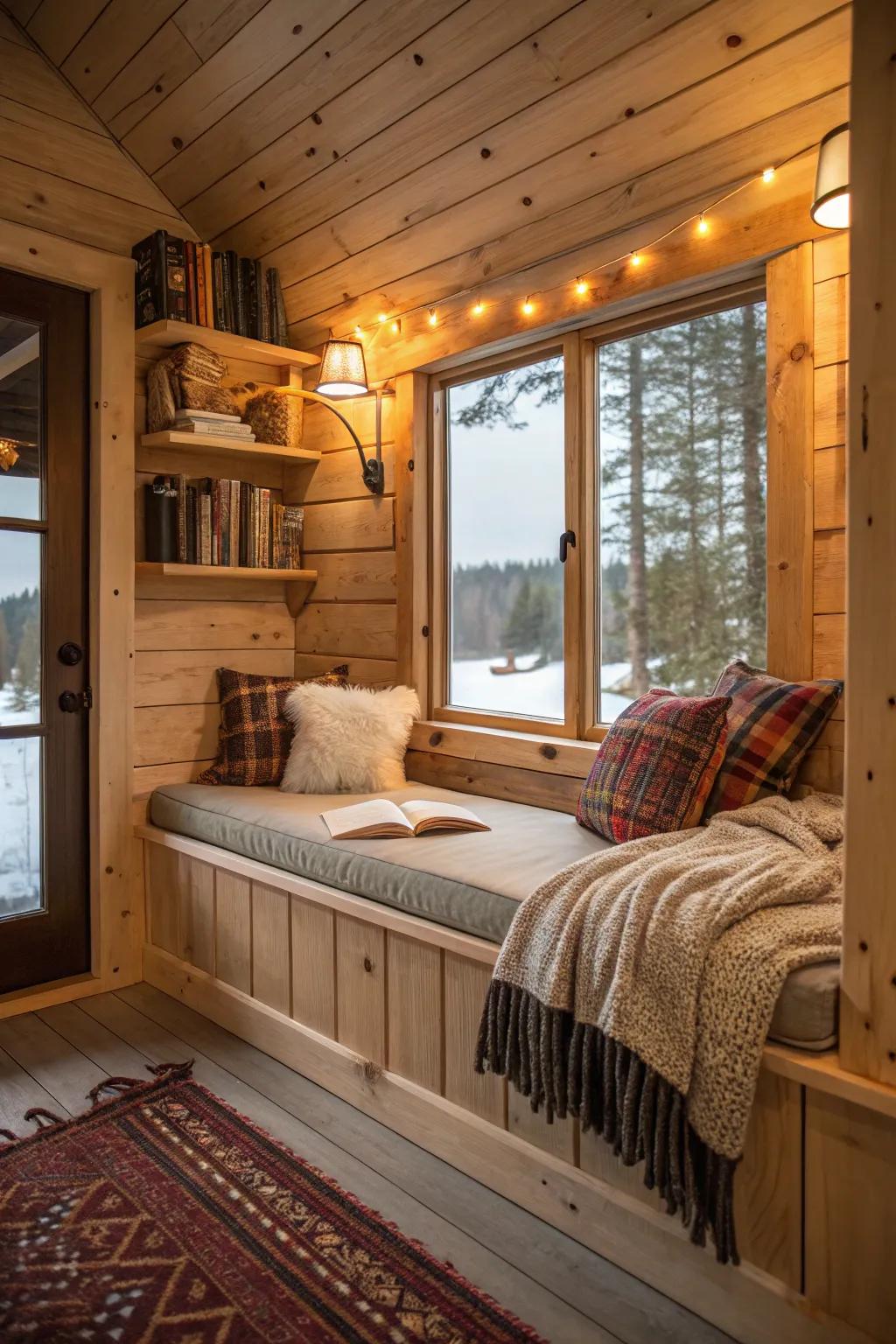 A comfy reading nook built into the cabin wall.