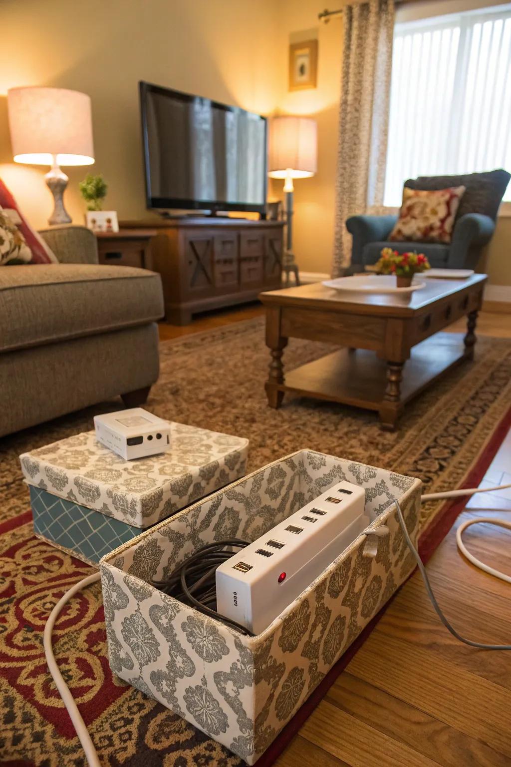 Decorative boxes hiding power strips stylishly.