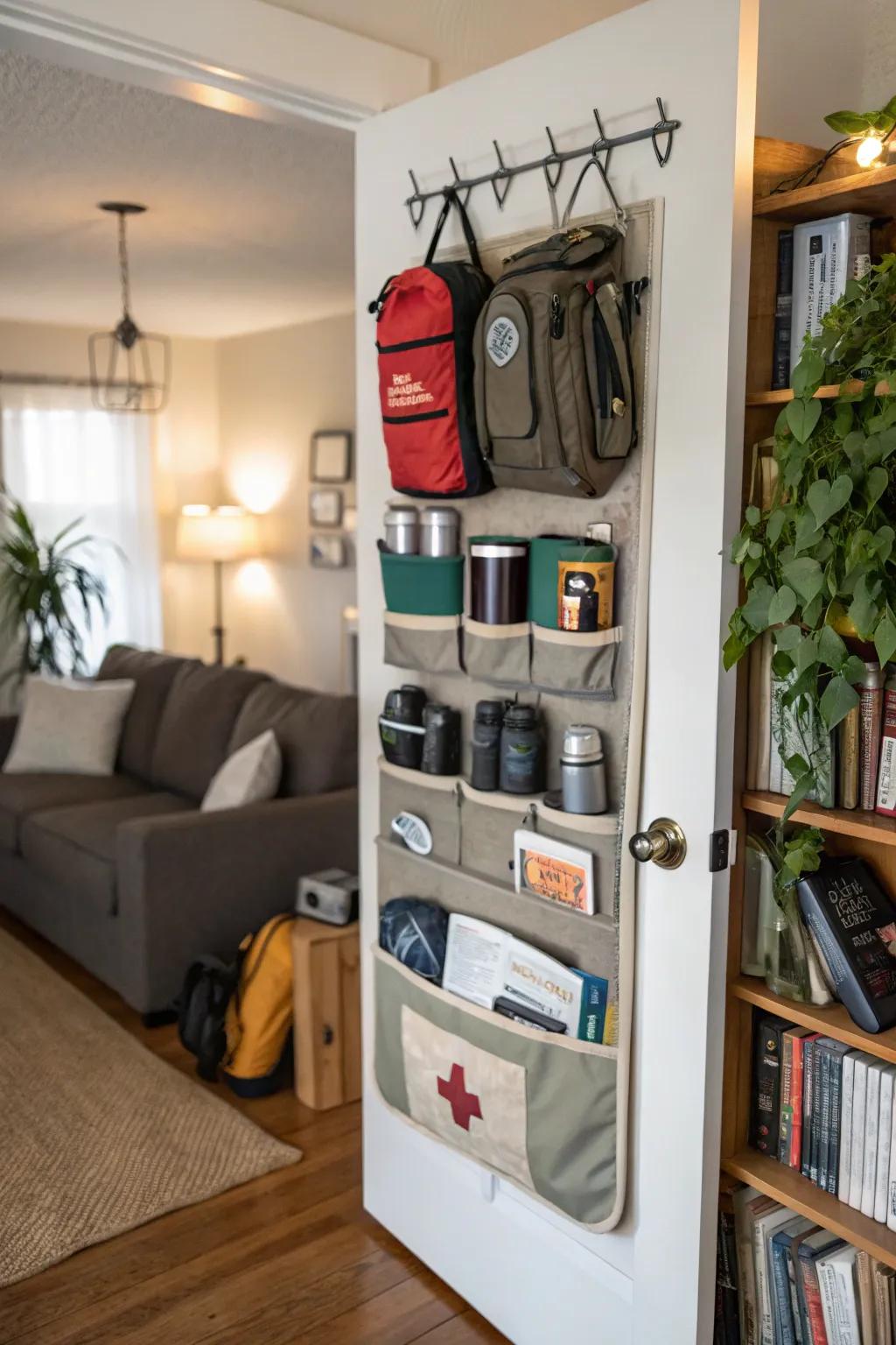 Over-the-door racks keep small camping essentials organized and accessible.