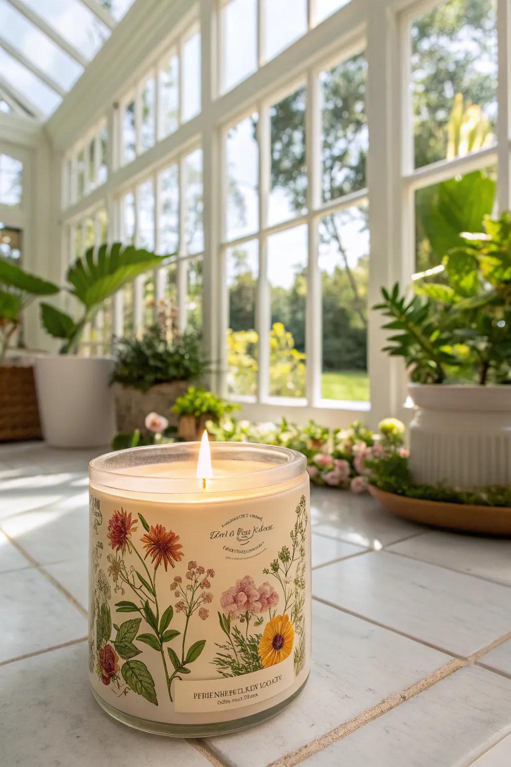 Botanical candle labels conveying nature's allure indoors.