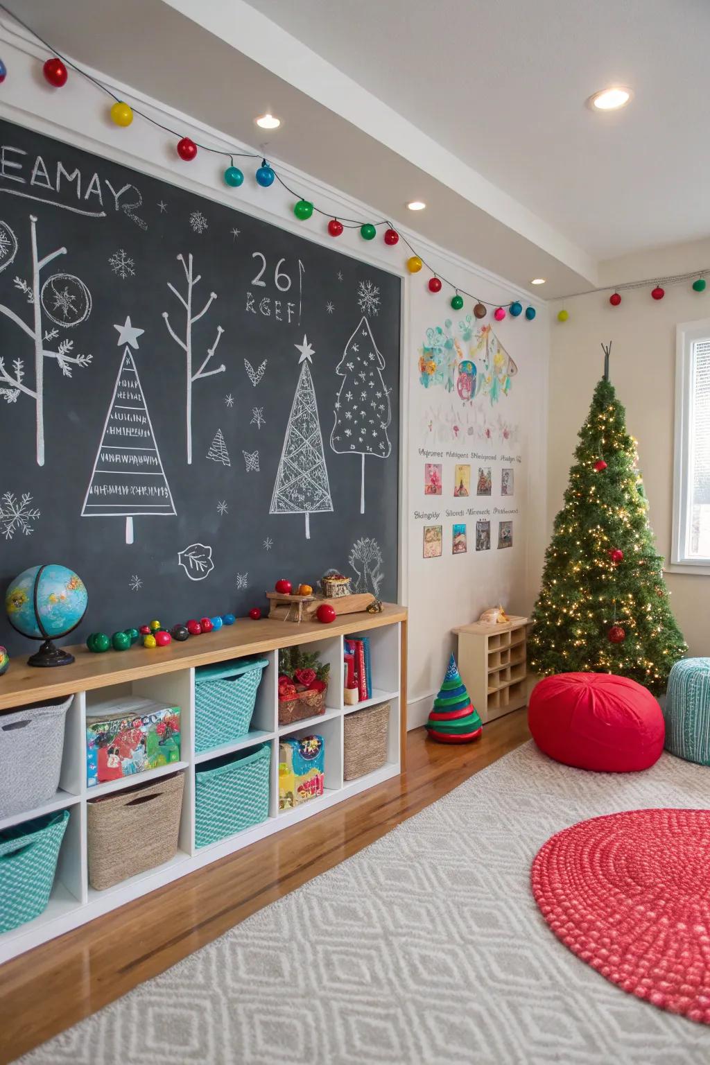 Seasonal chalkboard decor adds festive flair.