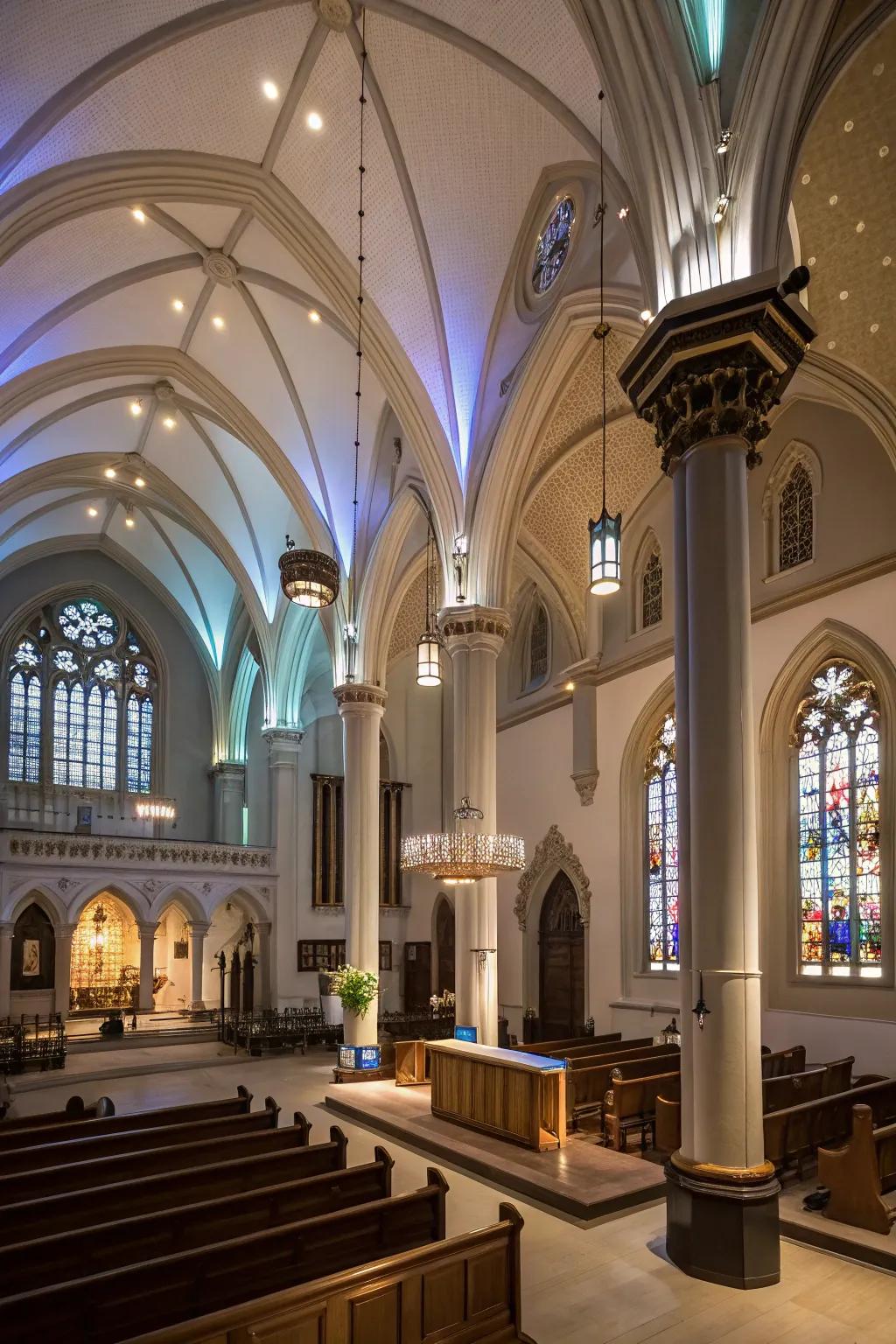 Lighting enhances architectural beauty and atmosphere.