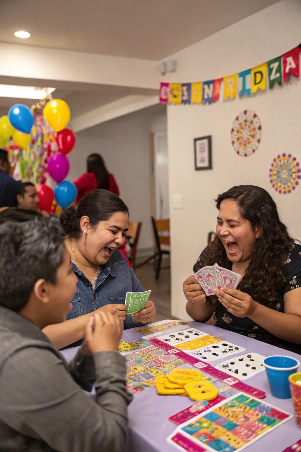 Guests enjoying a game of Mexican lotería at the party.