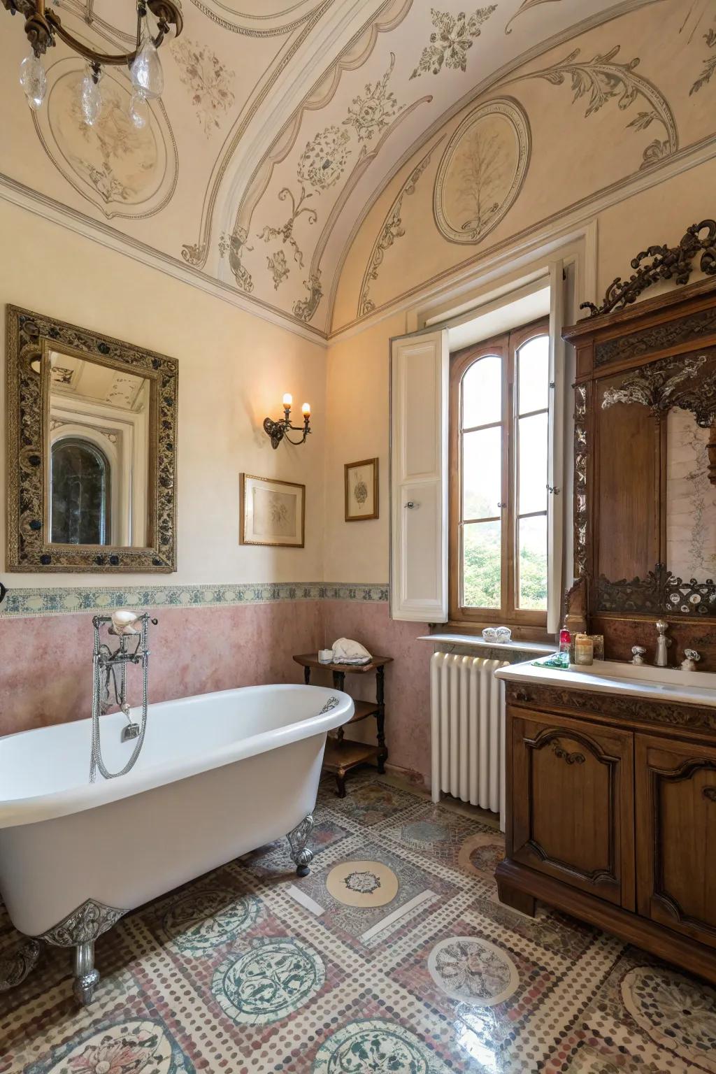 Historical design elements bring character to the bathroom.