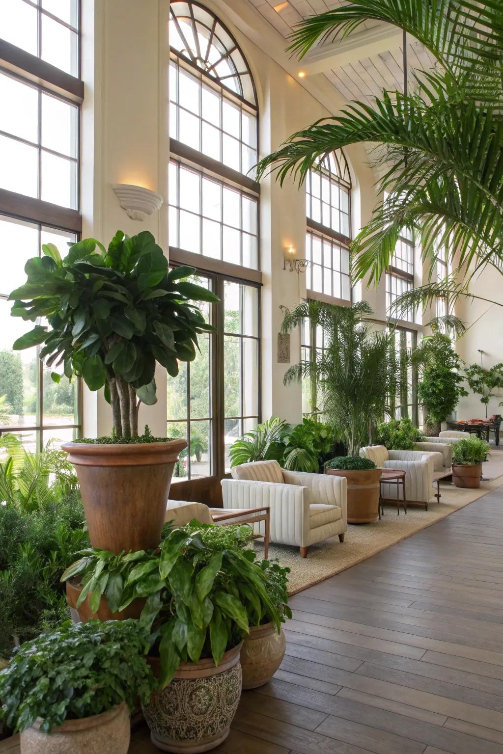 Green spaces with indoor plants invigorating a clubhouse.