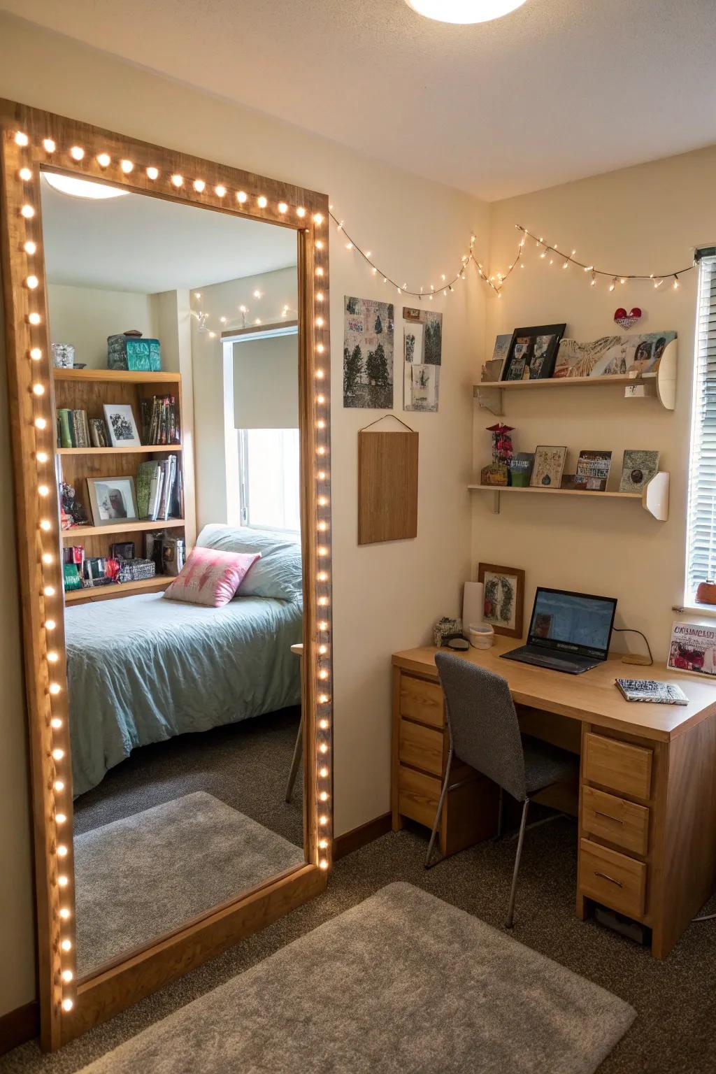 Mirrors can enlarge and brighten your dorm.