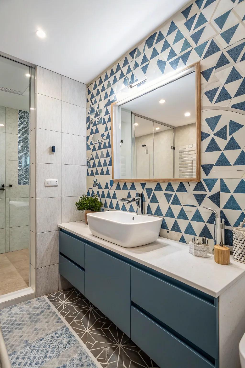 Bathroom showcasing bold geometric patterns.