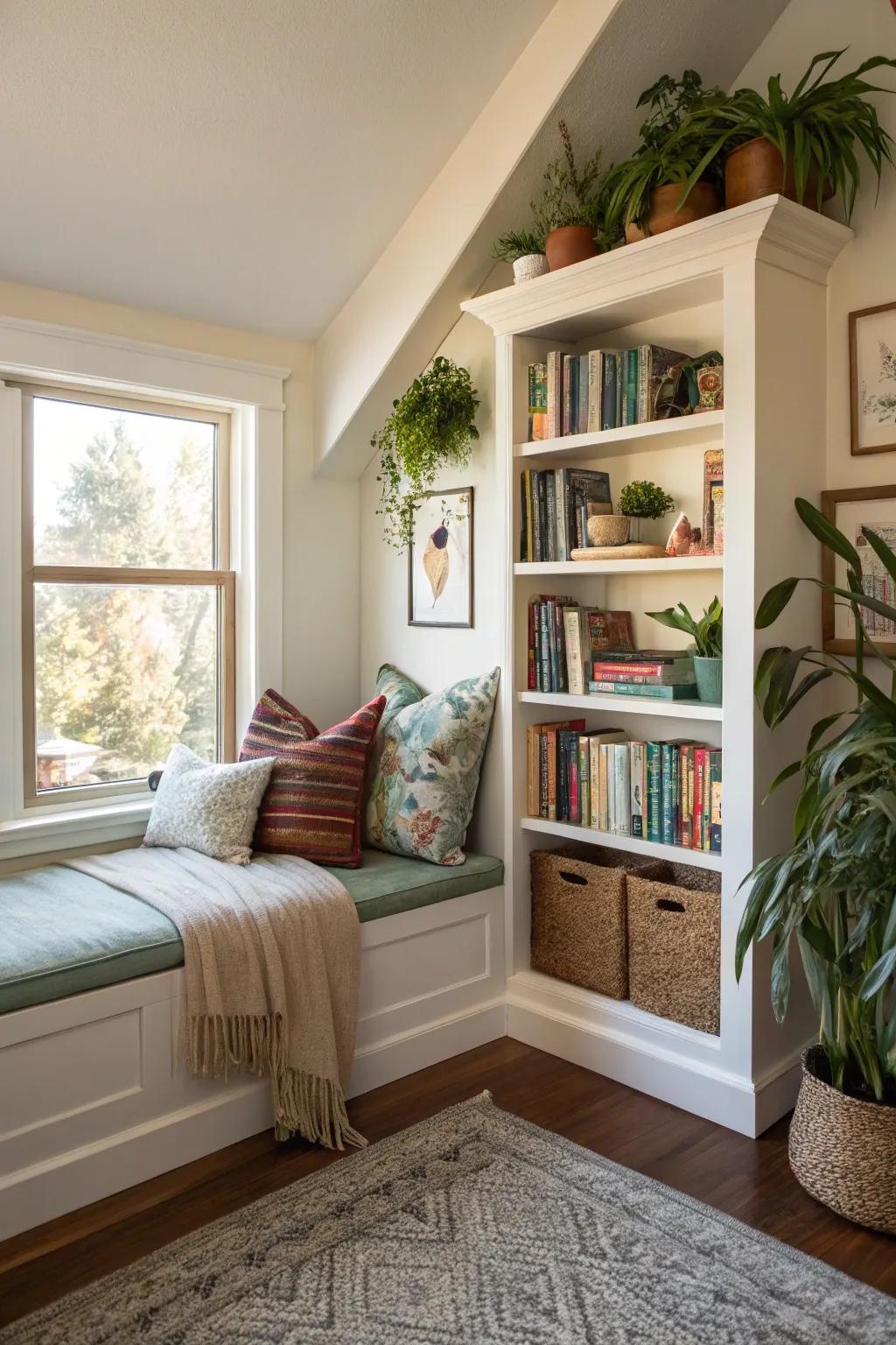 Bookshelves with seating unite comfort and practicality.