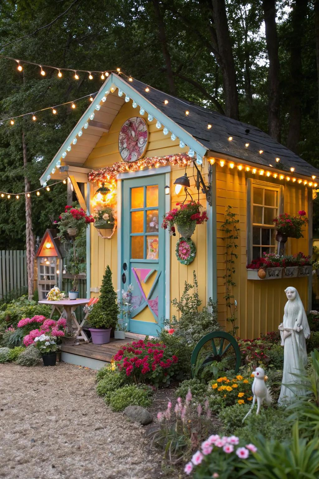 A fairy tale garden shed full of whimsy.