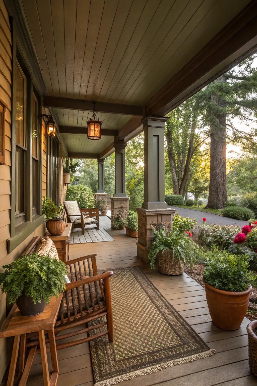 The porch's harmonious blend with nature is created by earthy colors.