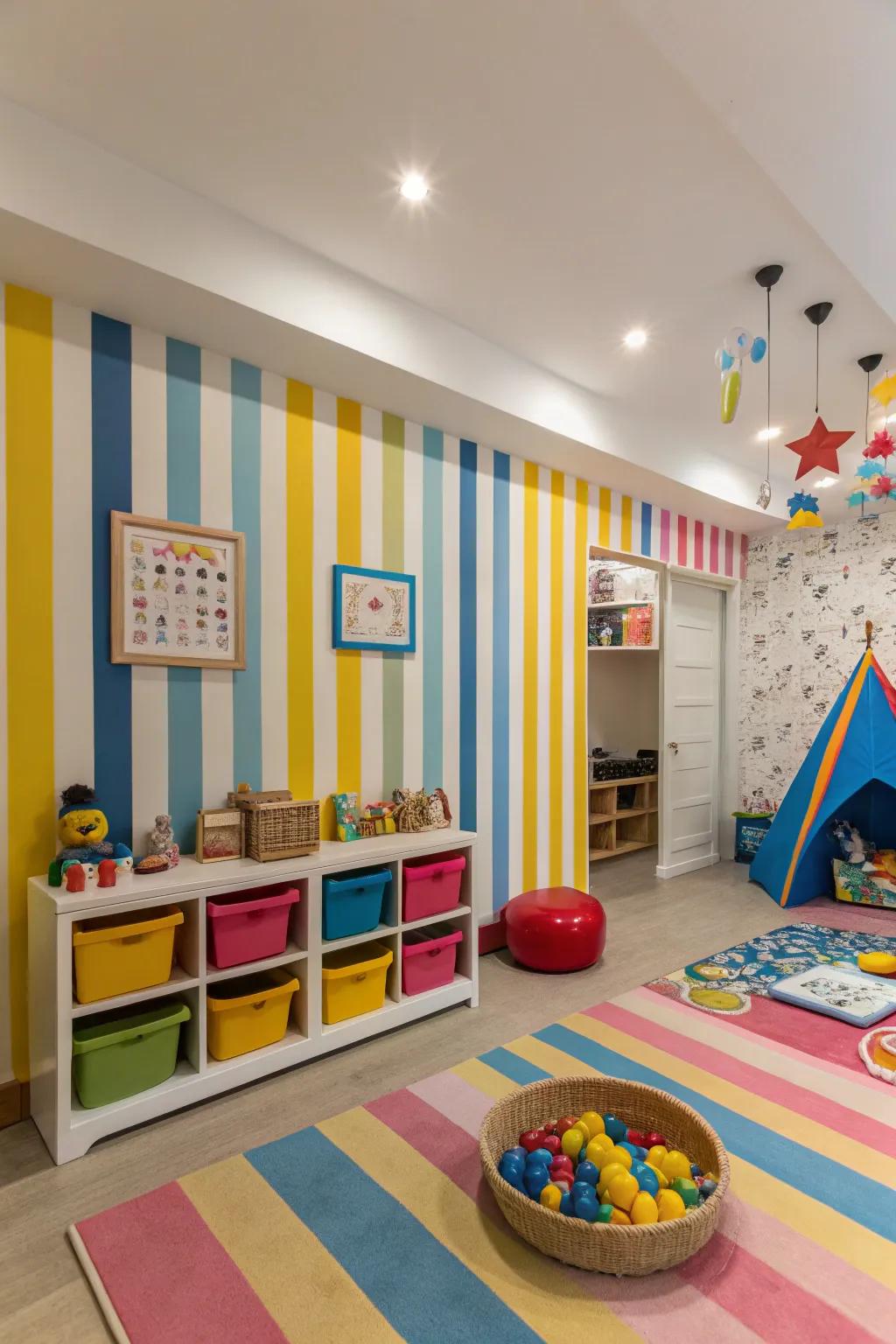 Playful stripes bring whimsy to this fun children's playroom.