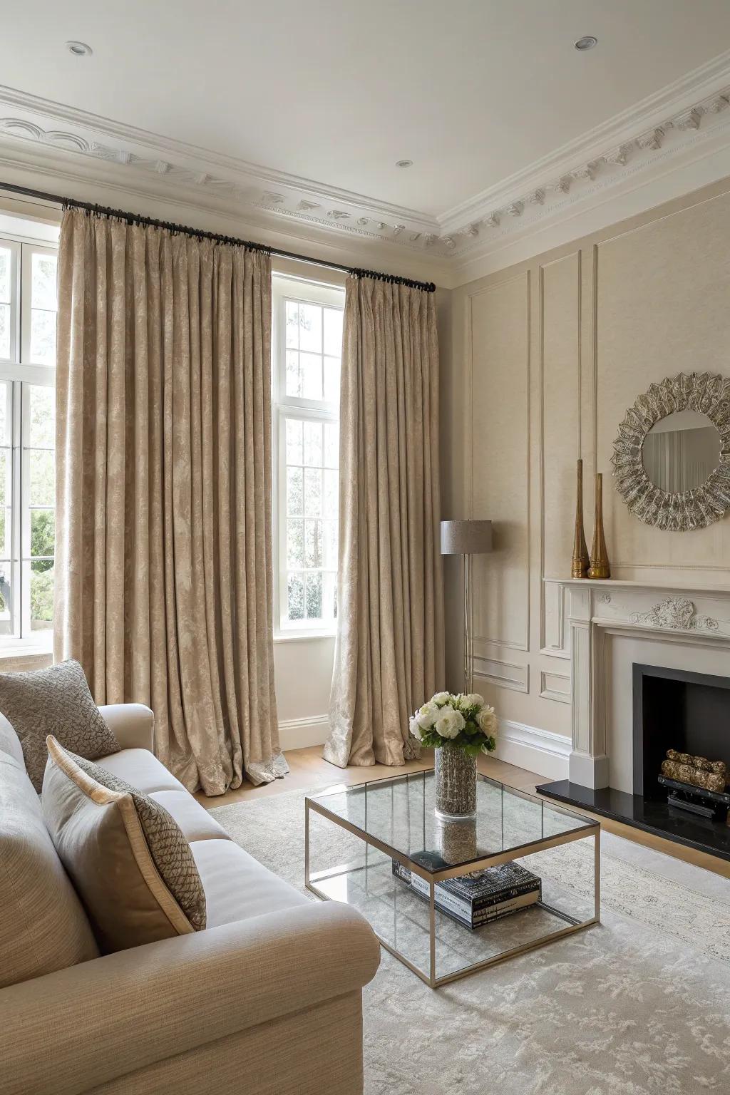 Tone-on-tone curtains create a harmonious and elegant space.