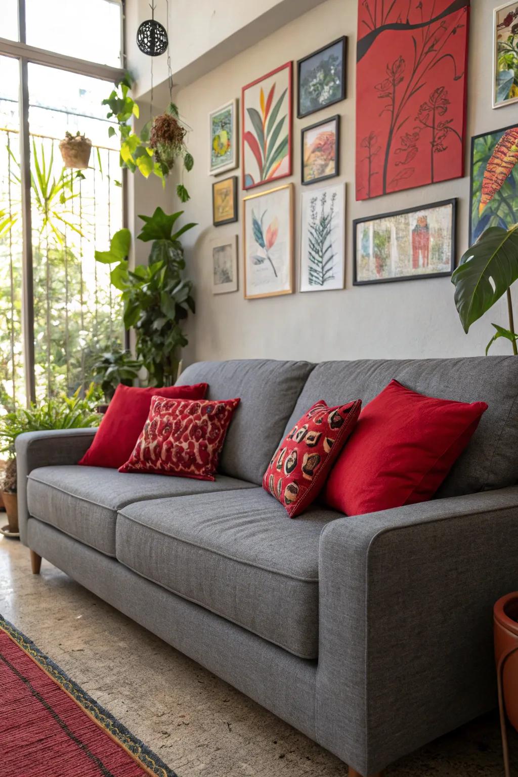 Red accents create a striking focal point on a grey sofa.