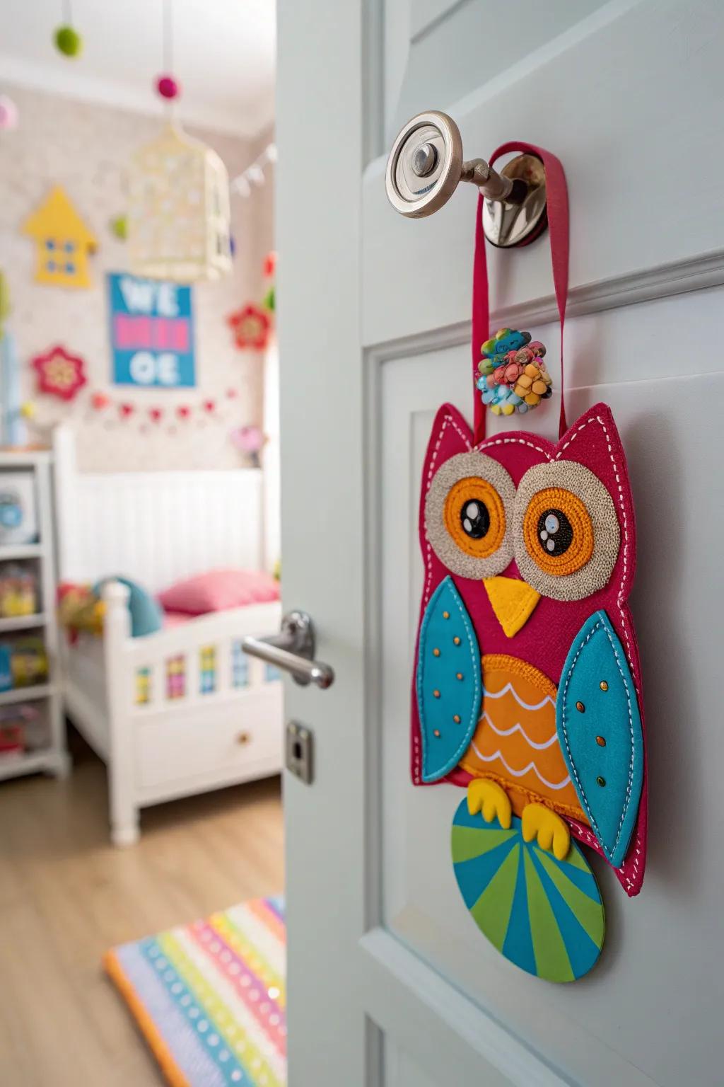 A playful owl-shaped door hanger perfect for kids.