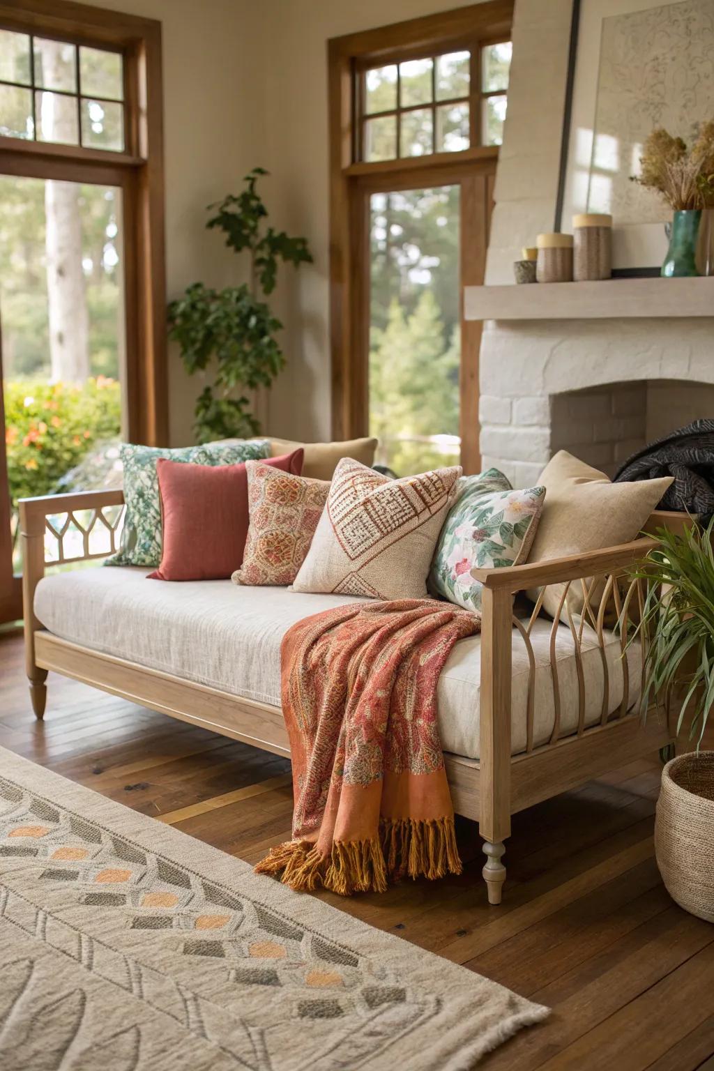 Throws and pillows add warmth and style to a daybed.