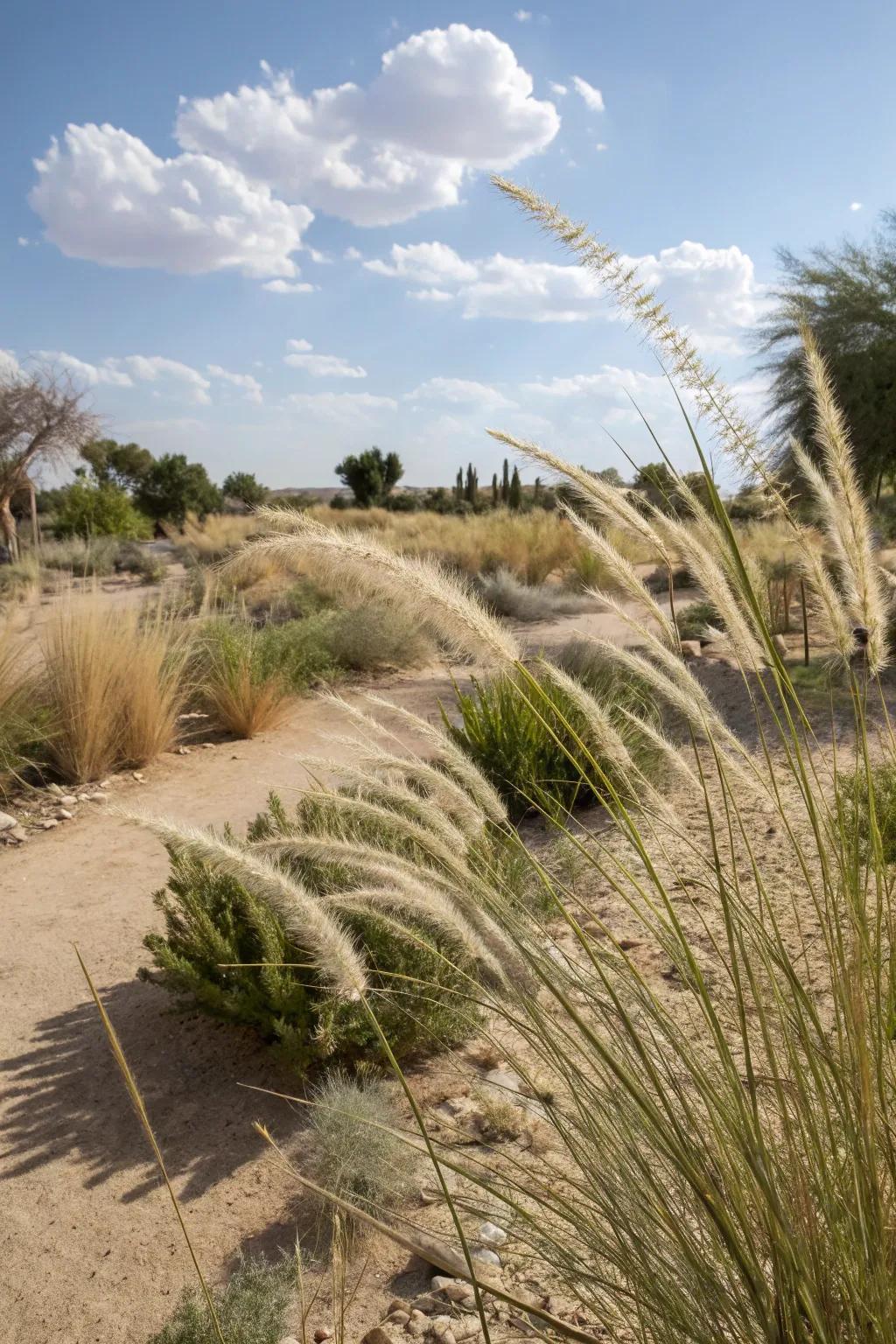Grasses adding movement to the desert garden.