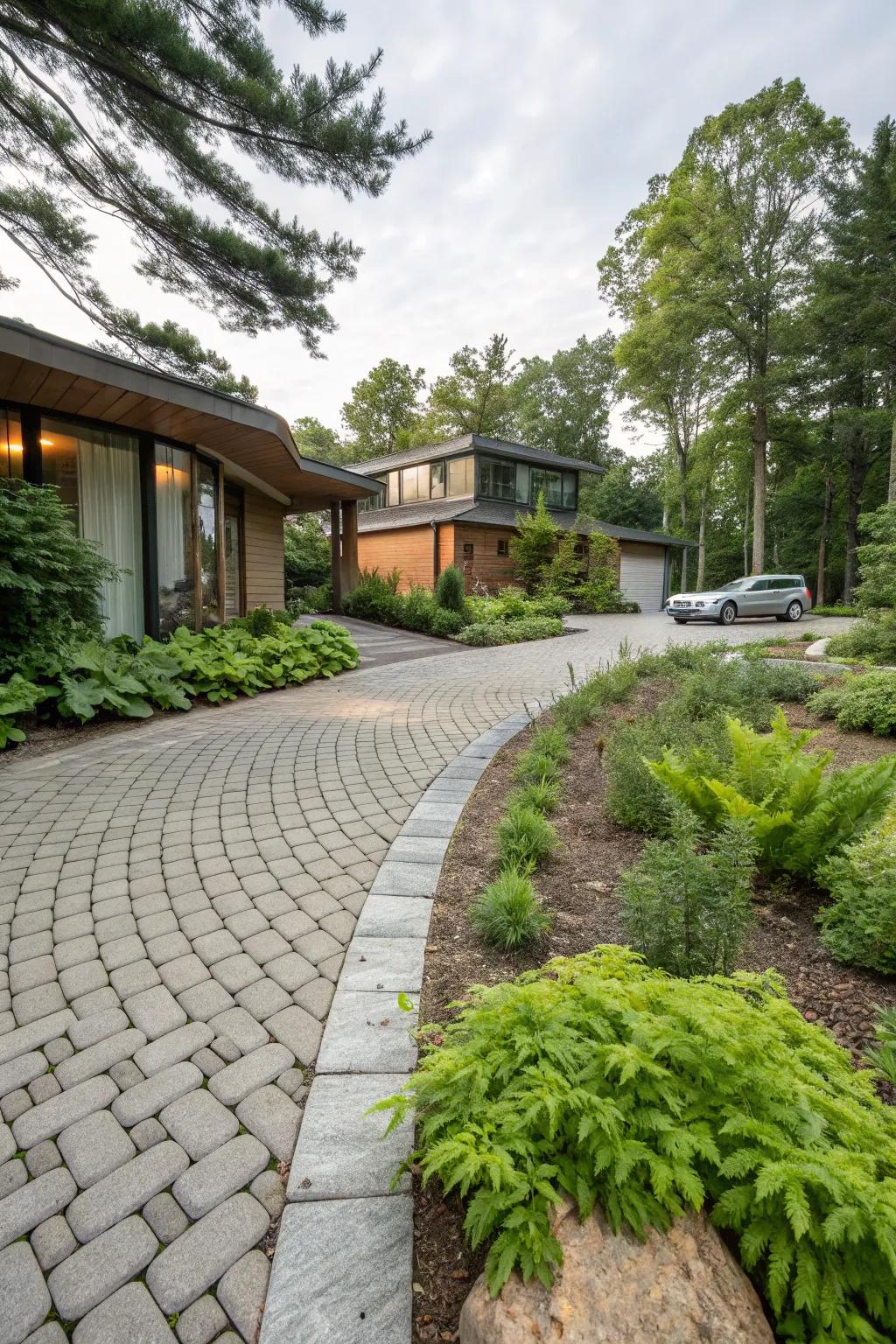 Permeable pavers offer a sustainable and modern touch to this driveway.