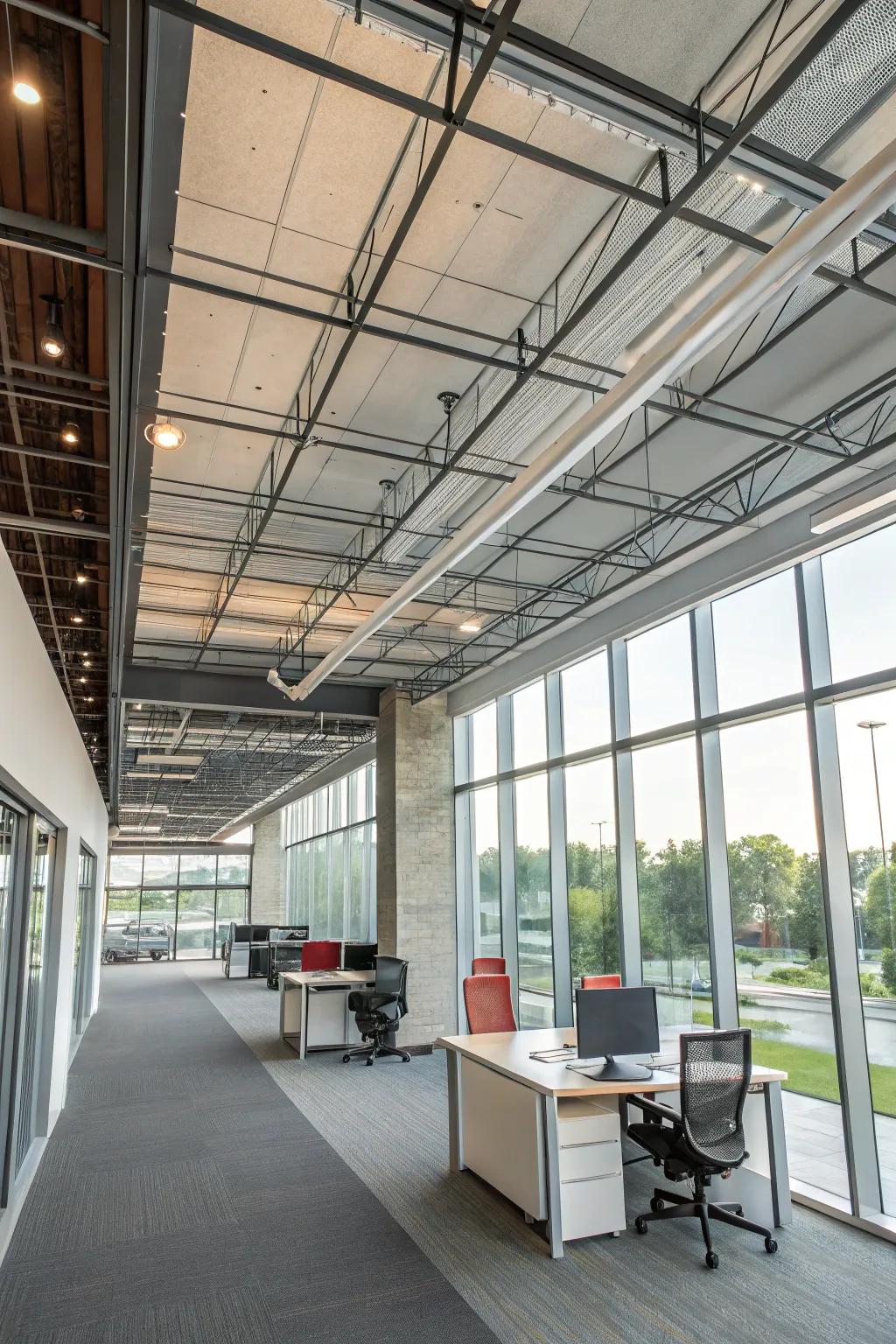 Mixed materials create a contemporary ceiling design.