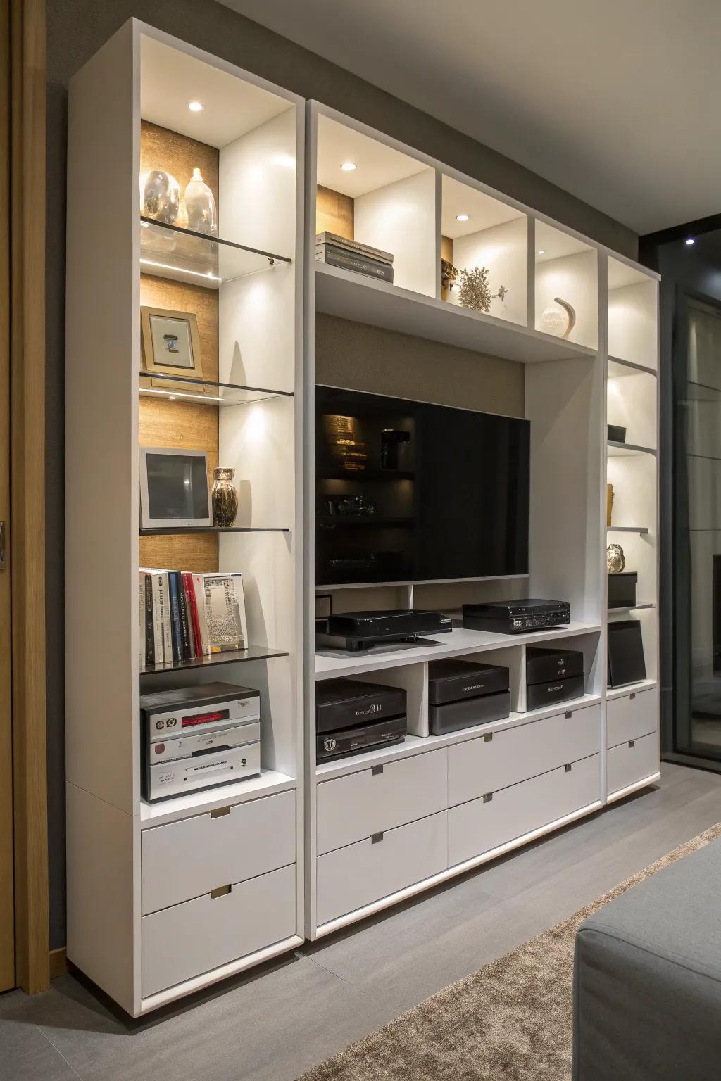 An entertainment center with practical storage solutions.