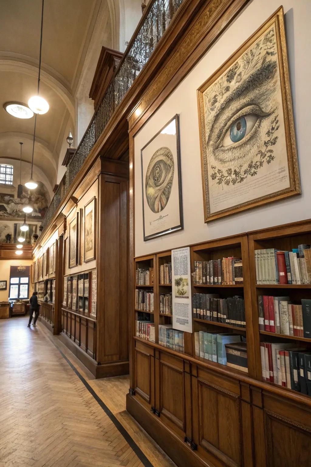 A library decorated with vintage eye pictures evoking a sense of nostalgia.