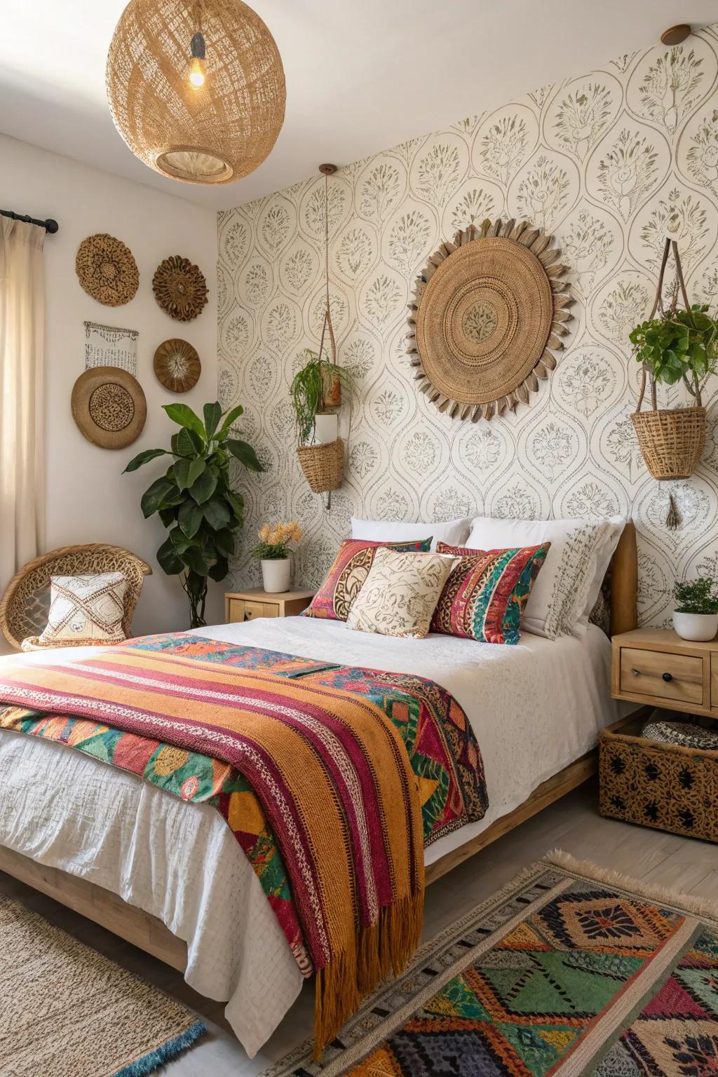 Eclectic boho vibes in fabric wallpaper create a cozy retreat.