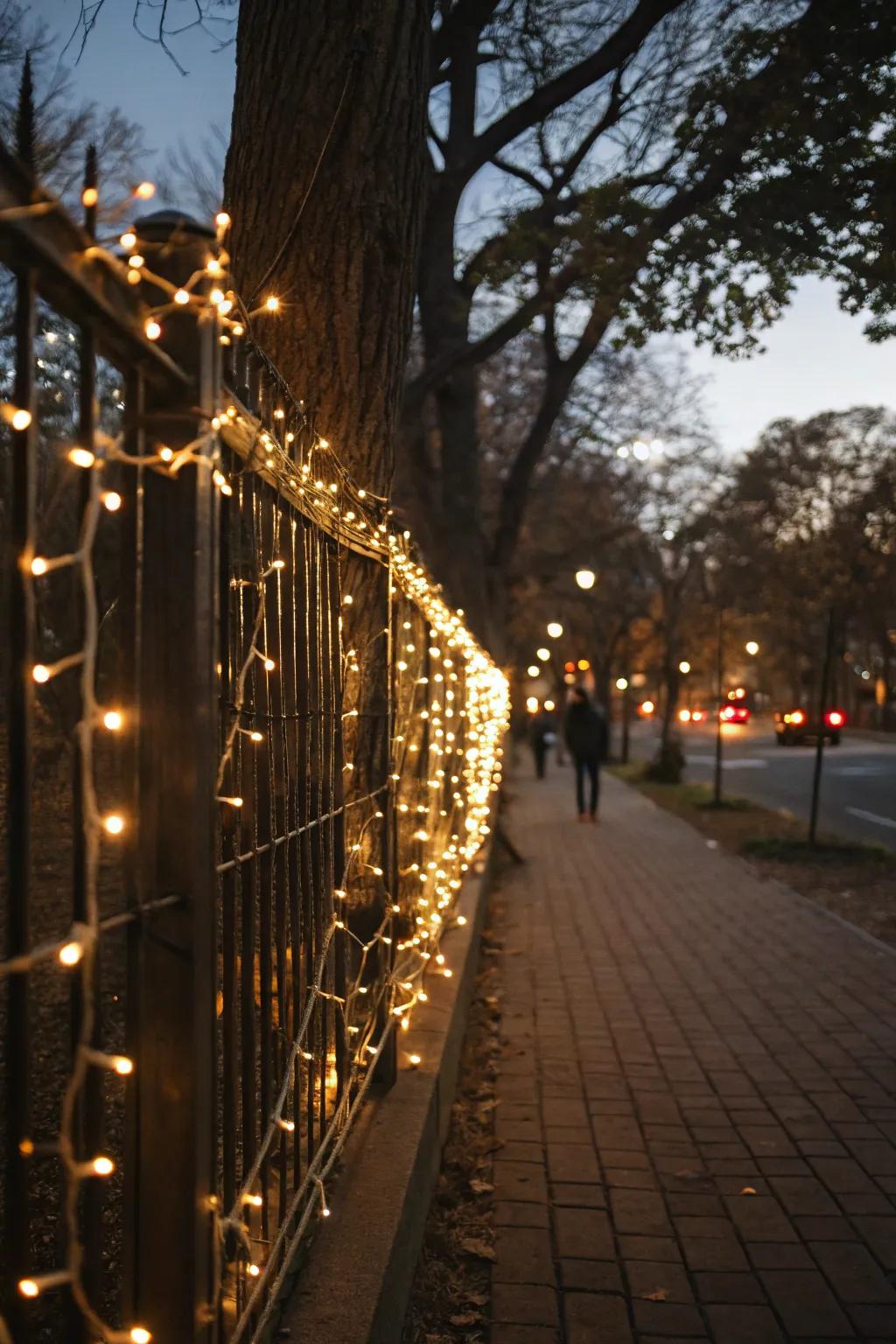 Warm white string lights create a cozy glow on the fence.