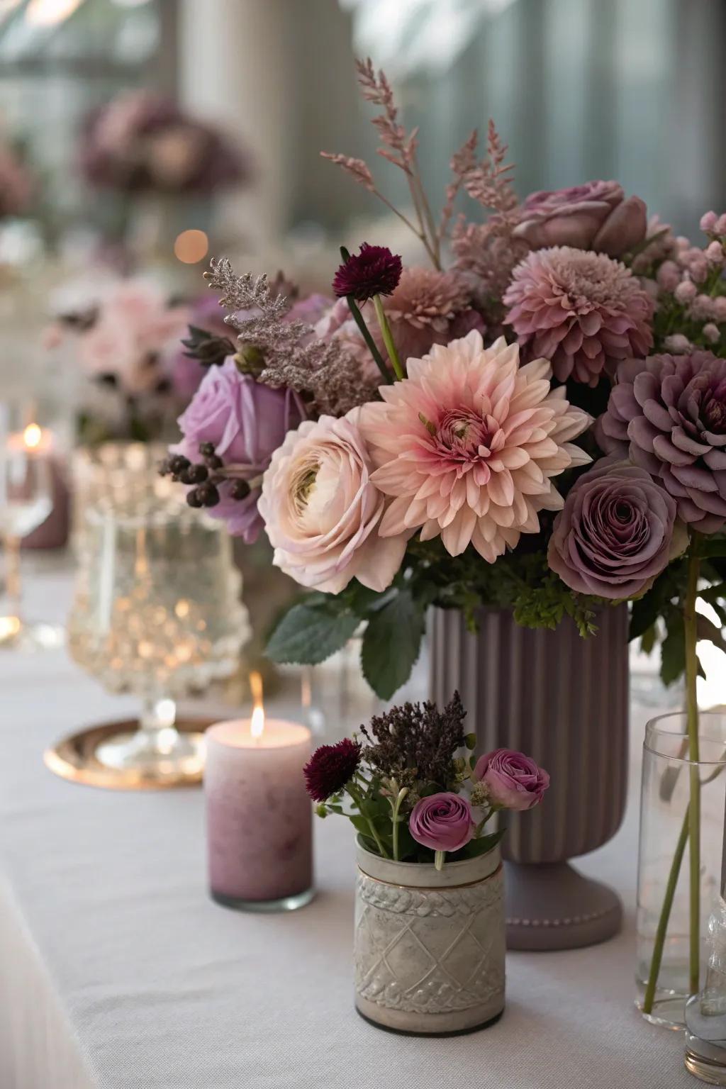 Moody mauves and dusty pinks create a romantic and elegant atmosphere at this fall wedding.