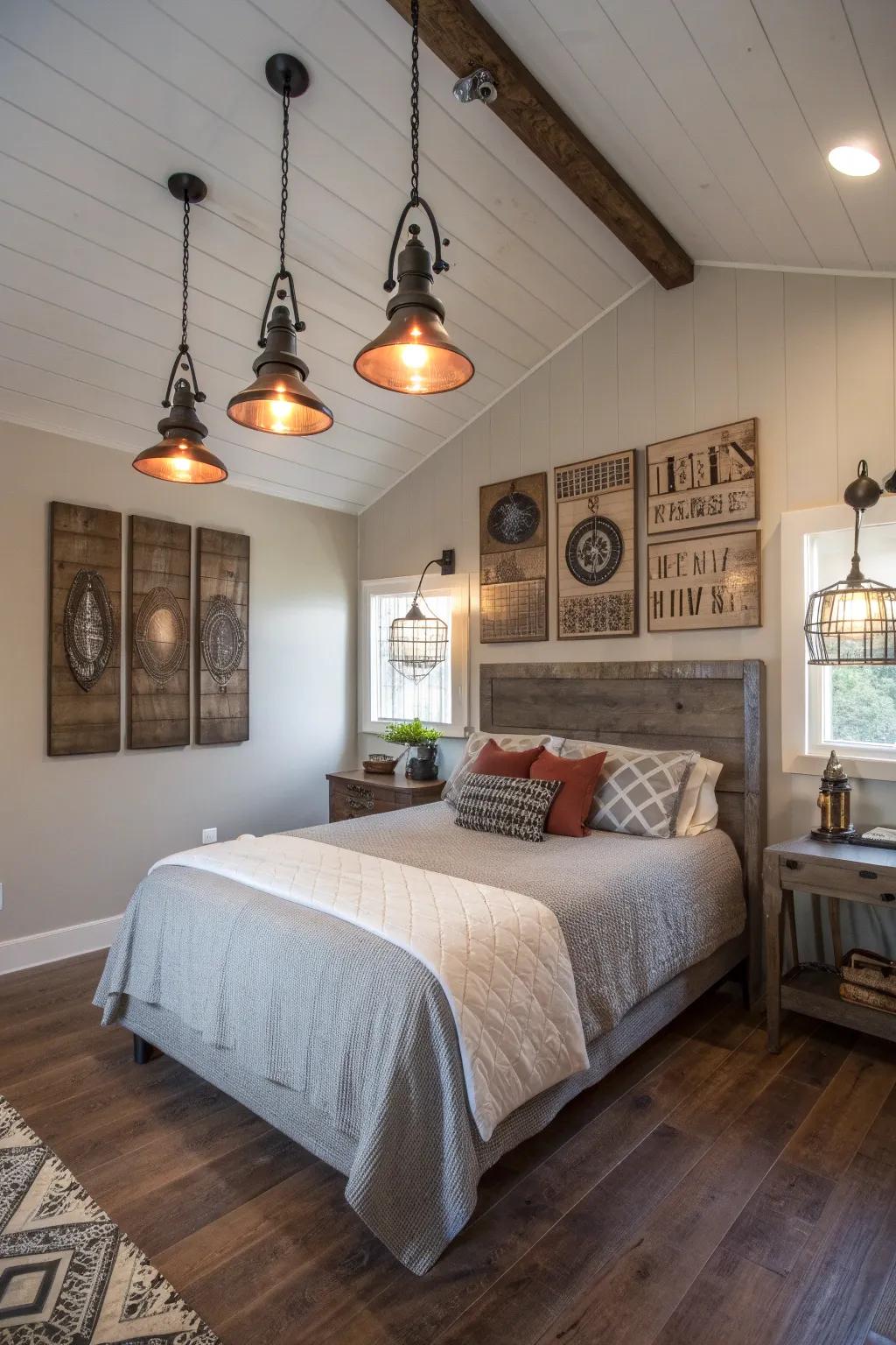 The rustic decor is given a modern twist through industrial accents.