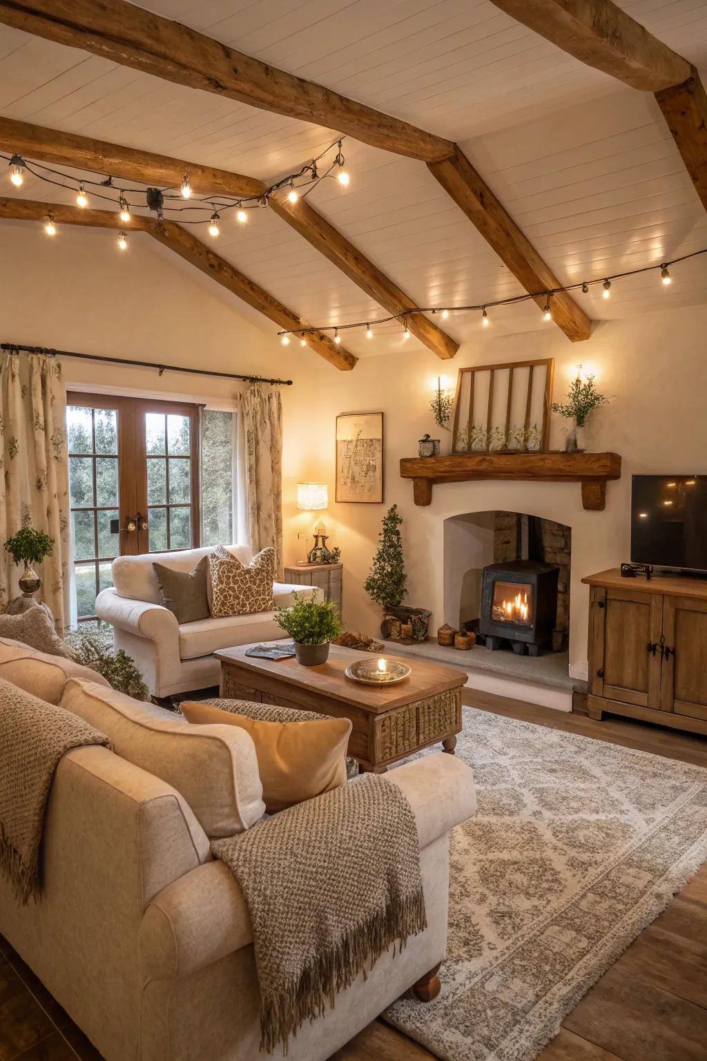 Warm tones on the ceiling contribute to the inviting atmosphere of this farmhouse living room.