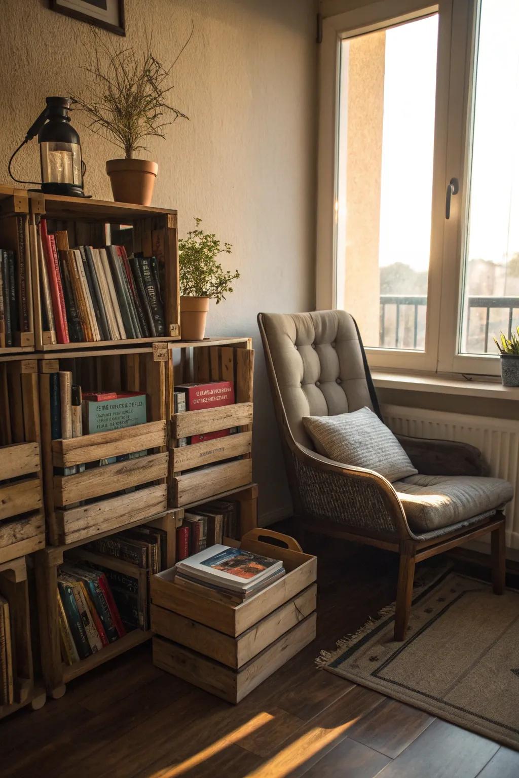 Create a book lover's haven with crate shelves.