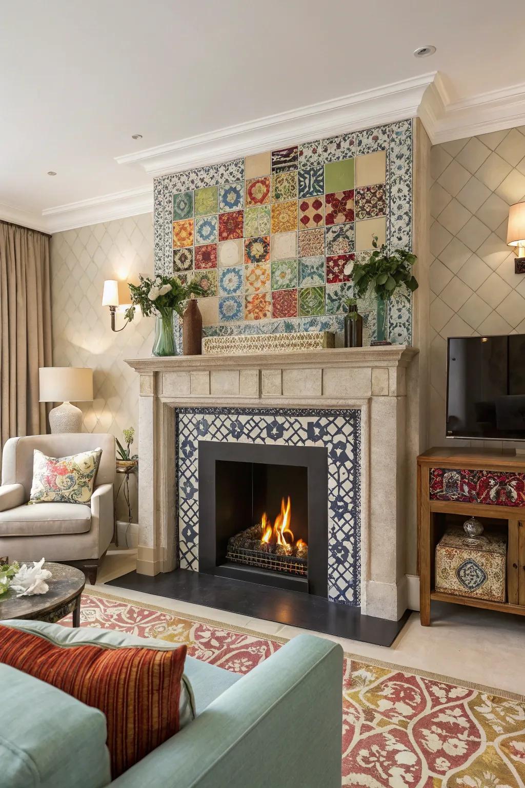 A faux fireplace brought to life with unique decorative tiles.