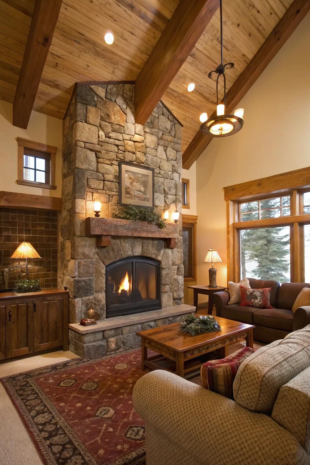 A rustic living room with a central fireplace showcasing natural wood and stone materials.