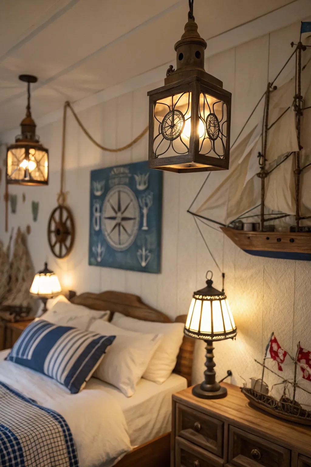 Lantern-style lighting enhances the maritime theme of the room.