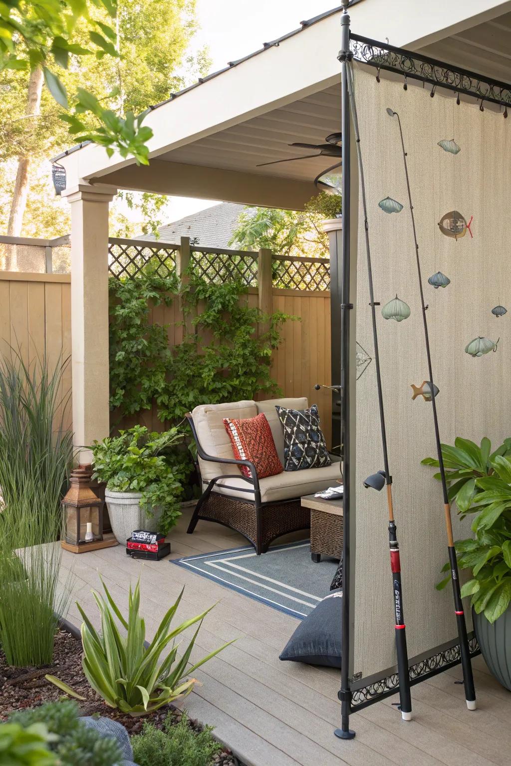 Fishing rods create a charming and functional patio privacy screen.