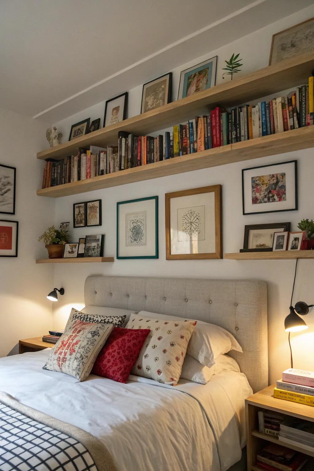 Floating shelves above the bed add a personal touch.