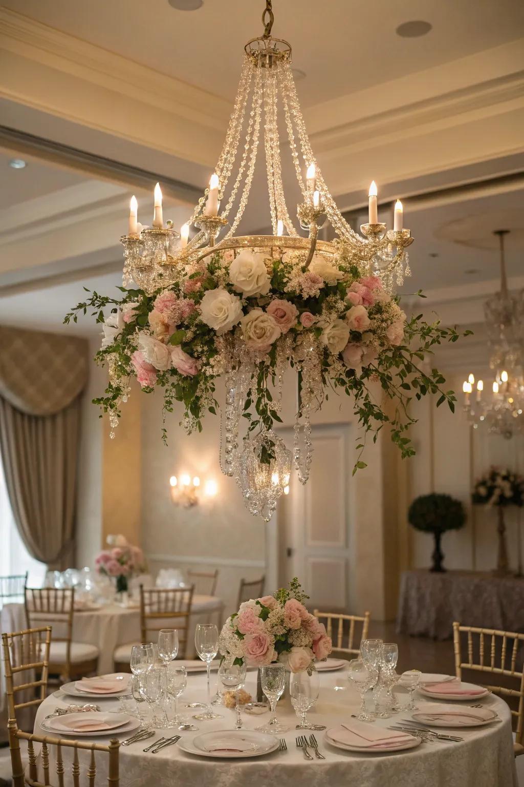 Add whimsy to your dining room with a floral chandelier.