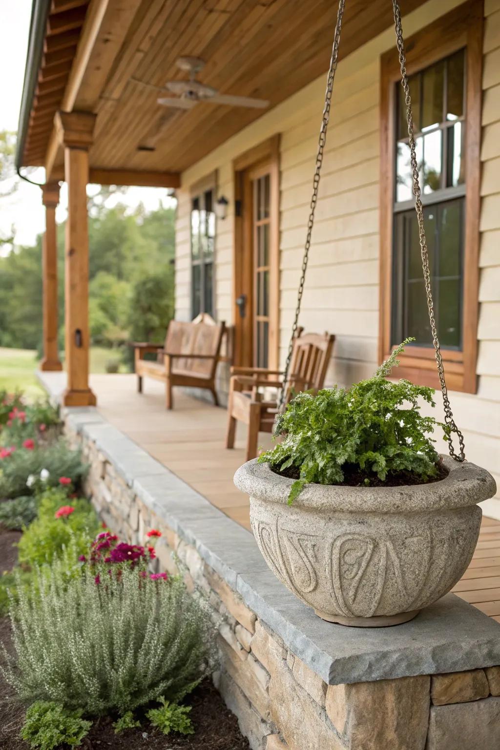 A front porch with wooden accents and a stone planter.