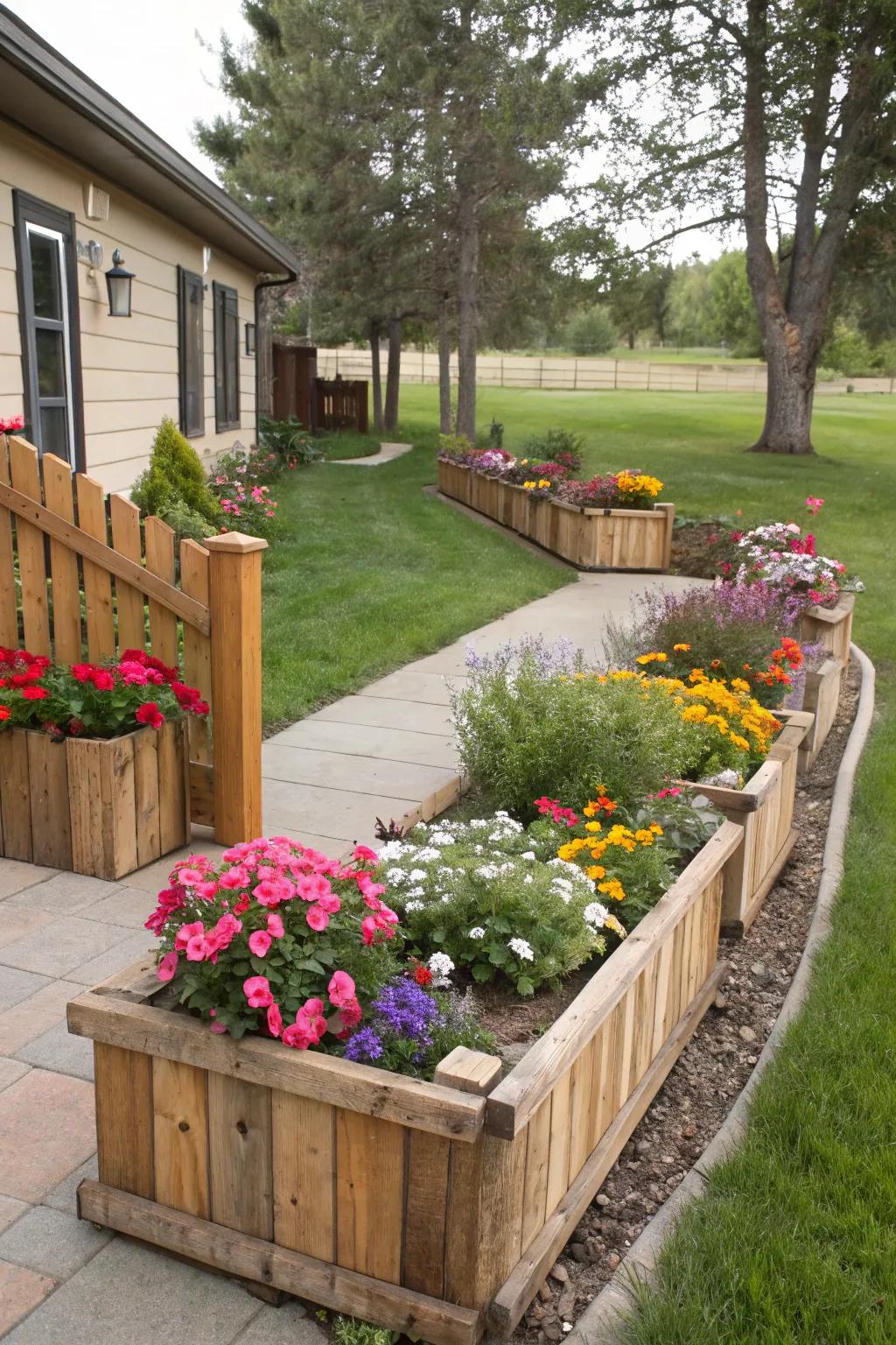 Rustic wooden accents lend charm and a natural look to the flower beds.