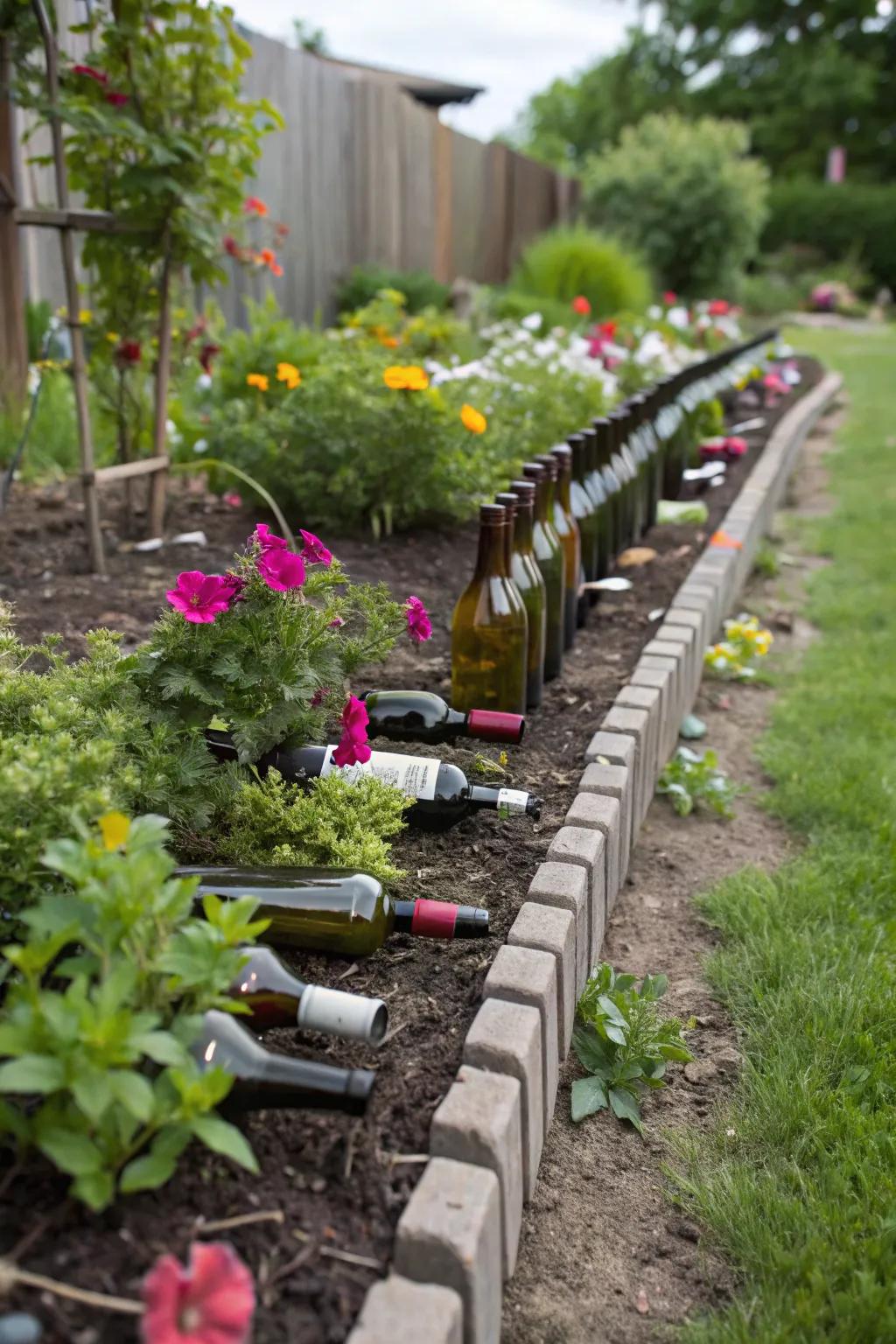 Wine bottles add a colorful and creative touch to garden borders.