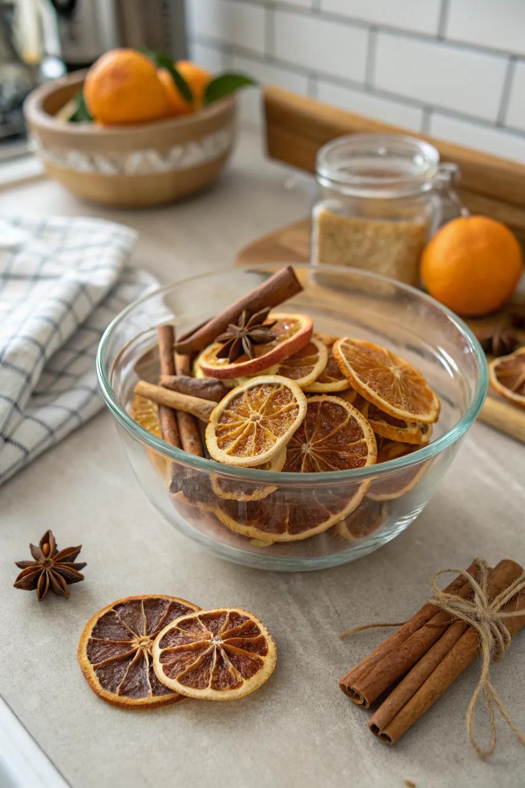 A fragrant citrus and spice ecstasy is displayed inside a clear bowl.
