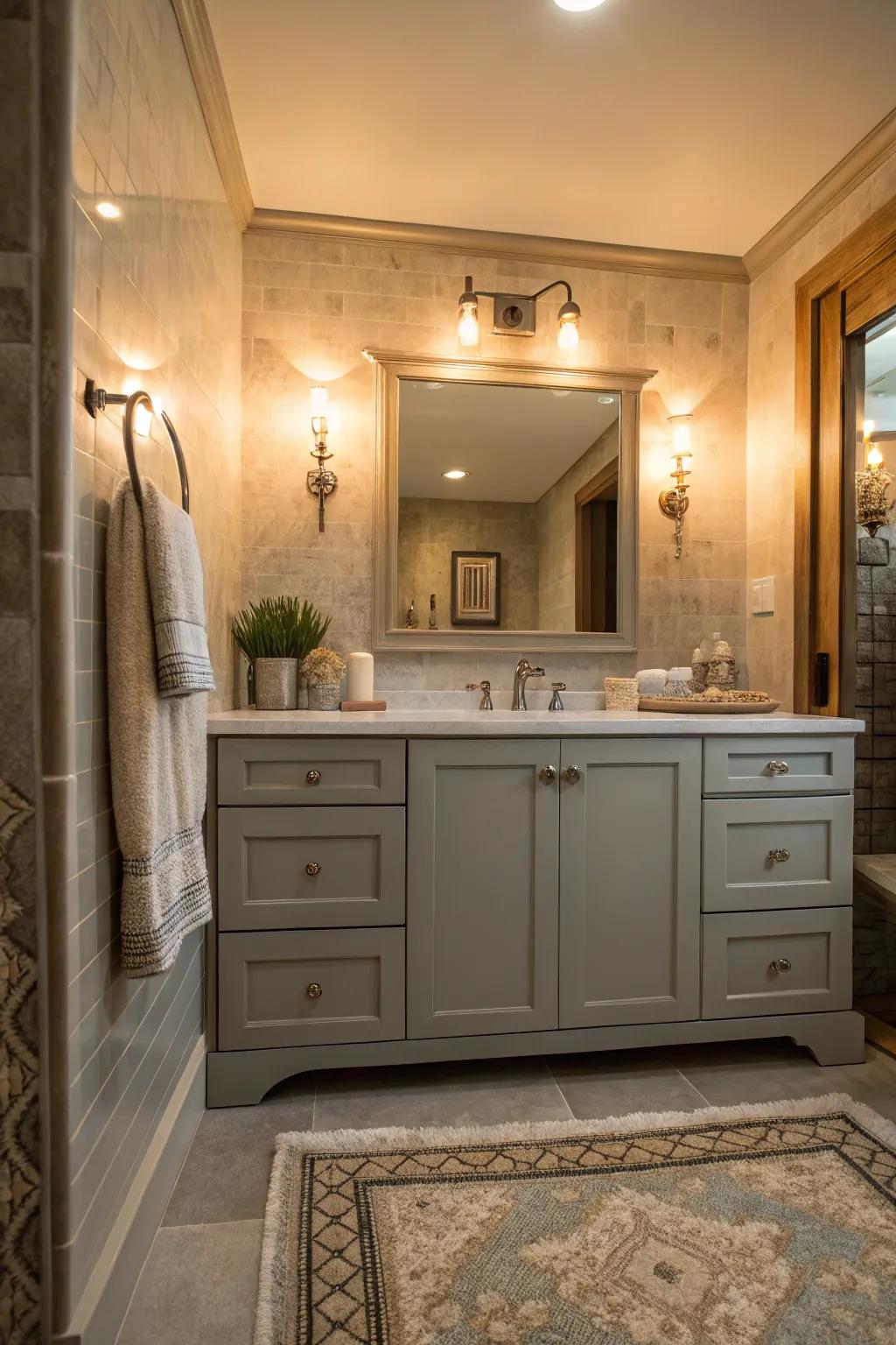 A cozy and inviting bathroom with a gray vanity enhanced by ambient lighting.