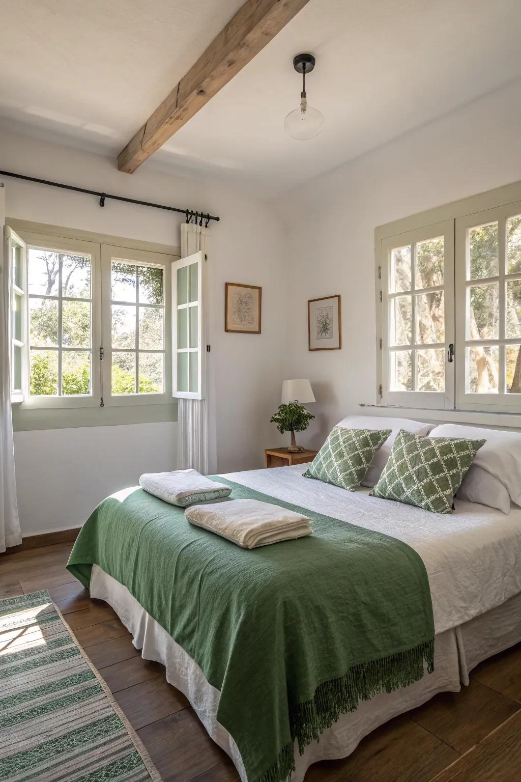 A green and white color scheme creates a fresh and airy atmosphere in this bedroom.