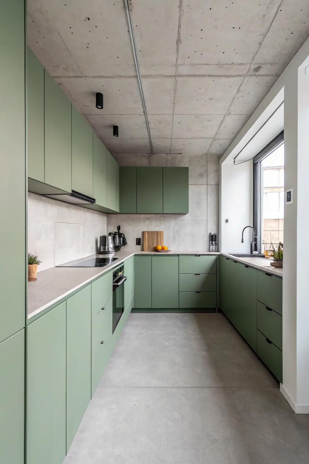 Modern minimalist kitchen with sleek matte green cabinets.