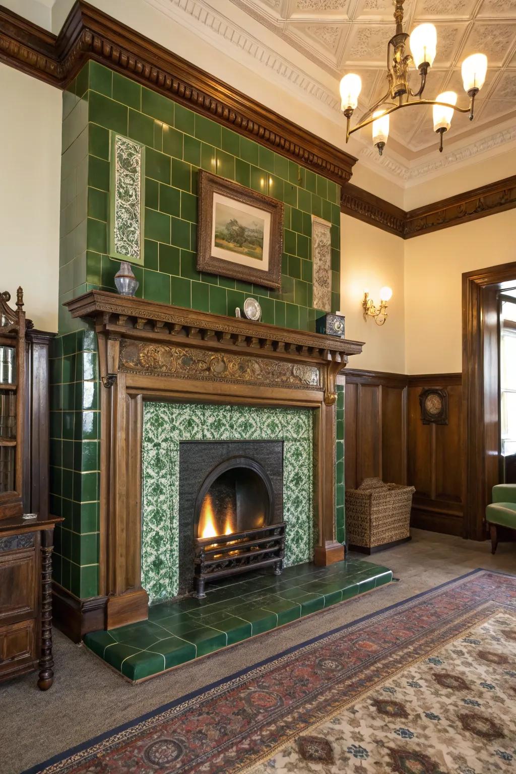 A charming vintage-inspired fireplace adorned with green tiles.