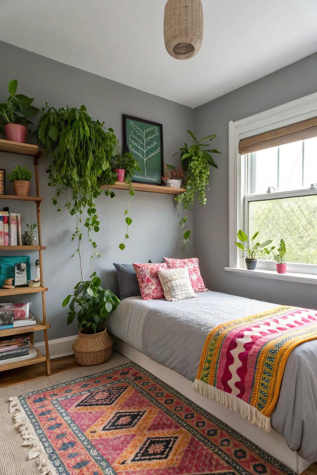 Greenery enlivens this bedroom with a grey accent wall.