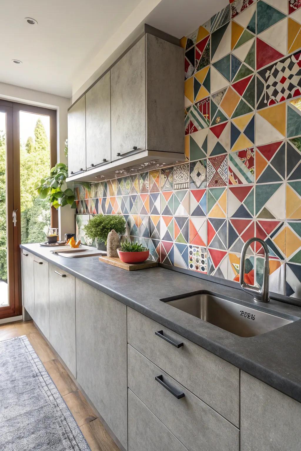 Grey countertops with a striking geometric backsplash.