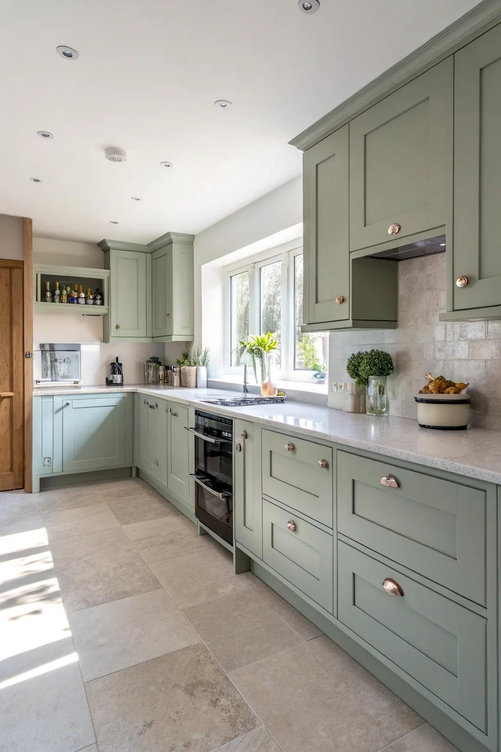 Light countertops enhance the airy feel of grey-green cabinets.